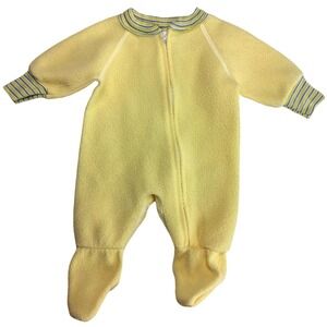 Vtg Gerber Yellow Fleece Footed Baby Sleeper 0 3 6 Mos Unisex Blue Stripe Trim